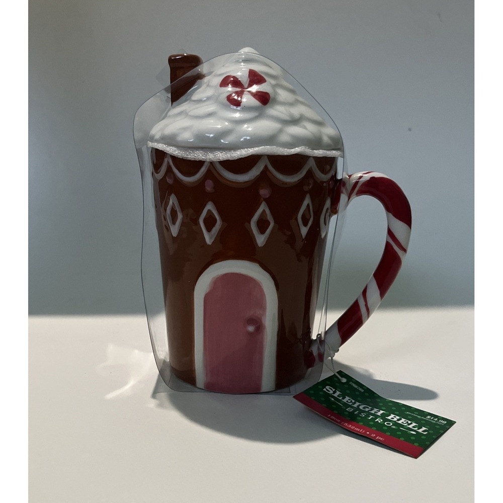 Sleigh Bell Bistro‎ Ceramic Gingerbread House Coffee Mug with Lid New 18 oz Xmas